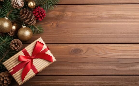 Gift boxes and christmas decoration on wood background. Top view with copy space.