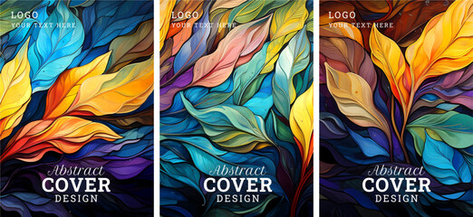 Colorful leaves cover template set, Luxury nature leaves pattern design, leaf line art, Hand drawn outline design for fabric, print, cover, banner and invitation, background - obrazy, fototapety, plakaty
