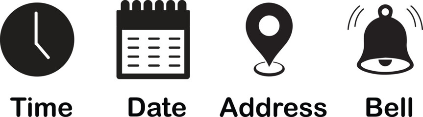 Place, Time, Date and Notification line icon set in black color.
