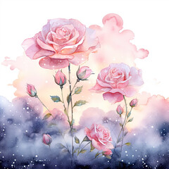 Fototapeta na wymiar Fantasy magical morning or evening sky with fabulous romantic pink rose flowers garden, shining stars and mysterious clouds Illustration, Generative Ai