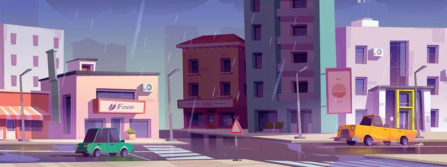 Rolgordijnen City street intersection in rain - cartoon vector town landscape with multistorey buildings with shop and cafe, cars riding road with cross, sidewalks and puddles under falling rainy drops. © klyaksun