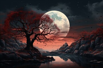 Un árbol con las hojas rojas en otoño al lado de un río y la Luna llena en el fondo - obrazy, fototapety, plakaty