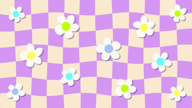 Retro checkerboard, hippie, groovy, psychedelic animation with rotating flowers loop background.