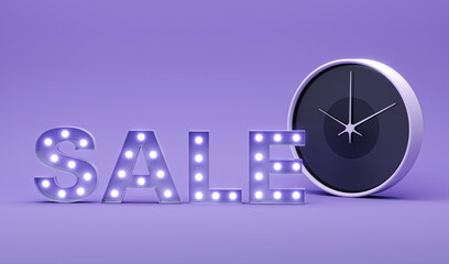 Shopping day sale.Crazy sales online. Futuristic cyber stage with 3d clock, 3d SALE neon podium glowing for Product display presentation in purple colors background.
