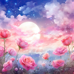 Fototapeta na wymiar Fantasy magical morning or evening sky with fabulous romantic pink rose flowers garden, shining stars and mysterious clouds Illustration, Generative Ai