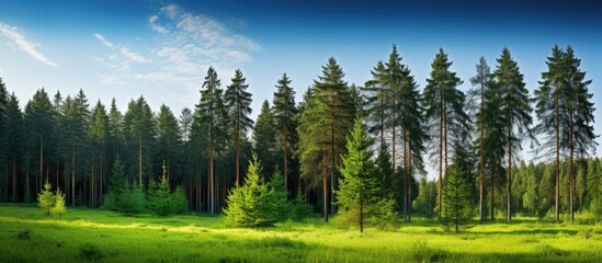 In the background of a summer forest the beauty of nature shines through as the young and beautiful evergreen pine trees decorate the green landscape with their natural charm in the midst of