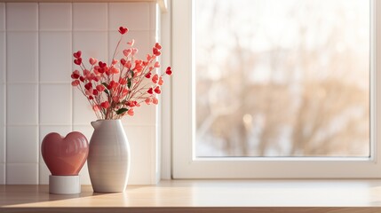 Kitchen with red valentine's decors, Scandi home interior design template