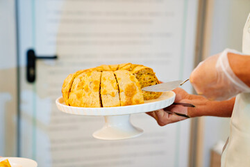 Pancake pie with meat and mushrooms. Traditional Russian kurnik pie. © andrey