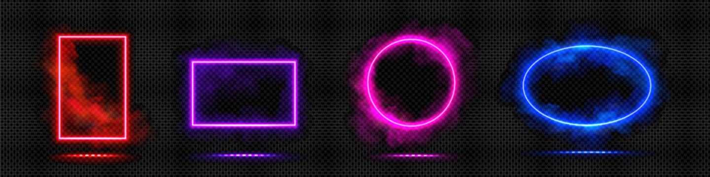 Neon glowing frame with smoke. Realistic vector illustration set of rectangular and round shape light futuristic door or magic portal with steam. Colorful line led luminous cyber border with fog.