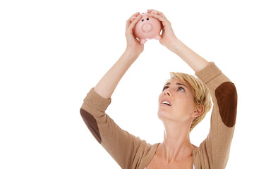 Woman shake piggy bank for savings, finance and search coin, money or budget stress and worry....