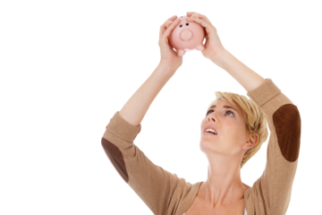 Woman shake piggy bank for savings, finance and search coin, money or budget stress and worry. Confused person with empty container and bankruptcy risk or fail isolated on transparent, png background