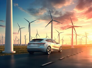 landscape and EV Car or electric power car in front of wind turbines, at sunset surrounded by windmills with blue sky - obrazy, fototapety, plakaty