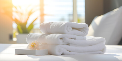 Fototapeta na wymiar Serene Comfort: Folded White Towels Gracefully Adorn the Bed in a Tranquil Room Setting