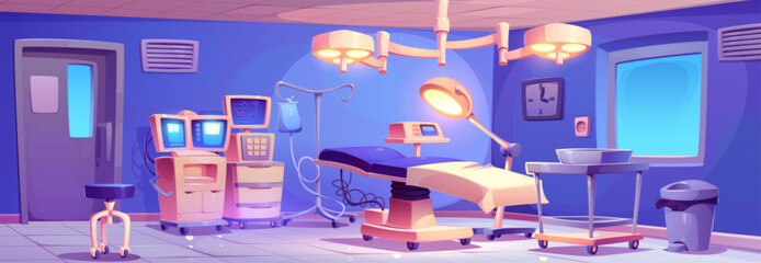 Cartoon surgery room interior with operation equipment and furniture - medical operating table, surgical lamp and instrument, monitors and hospital appliances to control patient health and condition. - obrazy, fototapety, plakaty
