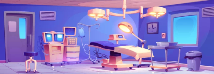 Fotobehang Cartoon surgery room interior with operation equipment and furniture - medical operating table, surgical lamp and instrument, monitors and hospital appliances to control patient health and condition. © klyaksun