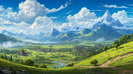 Naklejka premium Fantasy landscape with mountains and lake.