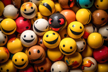 Funny smiley faces on the background of a group of balls
