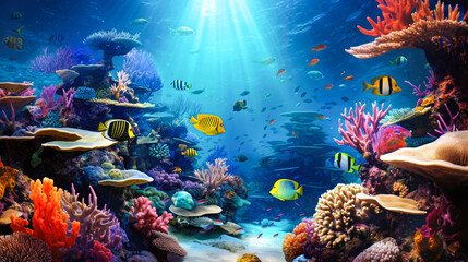 Fototapeta na wymiar Underwater world with corals and tropical fish.