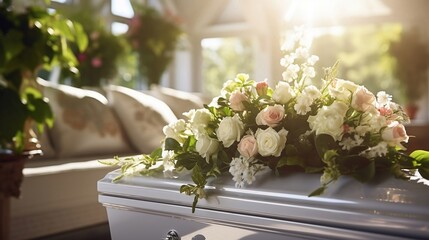 white wooden coffin with white flowers in the room, funeral process - obrazy, fototapety, plakaty