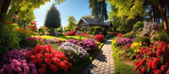 In the vibrant summer garden a backdrop of lush green leaves showcases the beauty of nature with its colorful array of blooming flowers from white and floral to striking shades of red creati