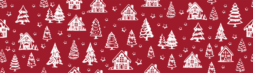 Christmas house and tree drawn illustrations	
