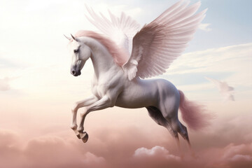 A pink pegasus with sore wings flies above the clouds in the sky - obrazy, fototapety, plakaty