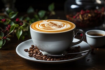 Vintage cafe experience. Closeup of white cup of coffee on vintage wooden table on blur restaurant background
