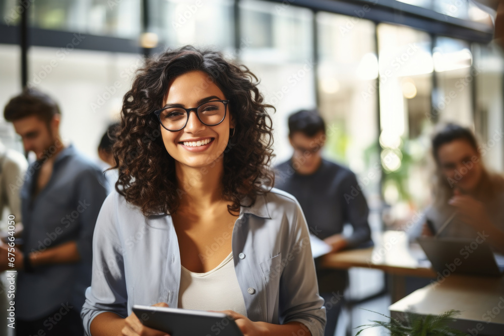 Poster smiling woman holds tablet computer in front of group of people. this versatile image can be used in