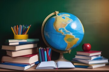Globe with school supplies on wooden table. Back to school concept