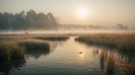 Early morning, fog on the lake, reeds in the water, duck hunting, nature and landscape.