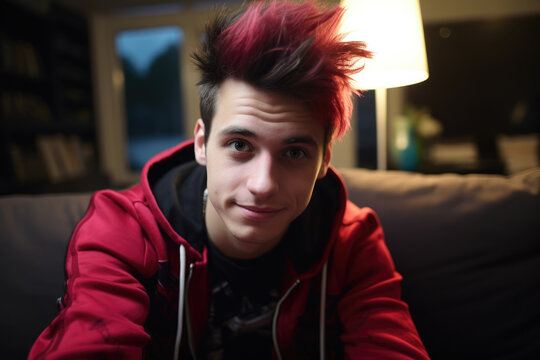 Young man with red hair sitting on couch. This image can be used to depict relaxation, comfort, or leisure activities.