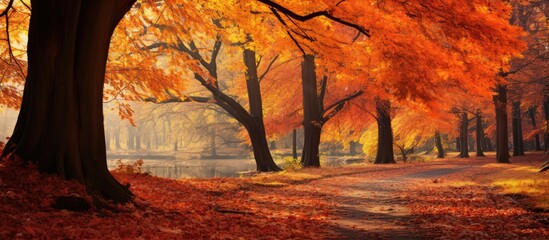 The autumn forest landscape was bathed in warm sunlight highlighting the vibrant red and orange colors of the tree leaves creating a stunning display of natural beauty