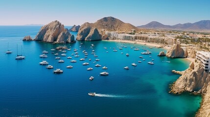 Aerial panoramic view of Lands End and El Arco at the tip of Baja California Sur, with the Cabo San Lucas, Mexico marina in the background - Powered by Adobe