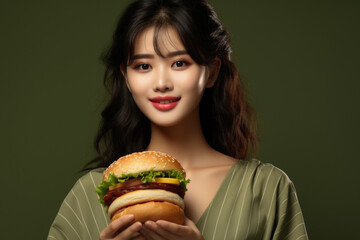 Woman holding hamburger in front of her face. Perfect for food lovers and fast food enthusiasts.