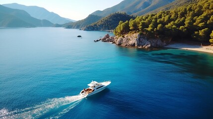 Aerial view of speed boat on blue sea at sunset in summer. Motorboat on sea bay, rocks in clear turquoise water. Tropical landscape with yacht, stones. Top view from drone. Travel in Oludeniz, Turkey - obrazy, fototapety, plakaty
