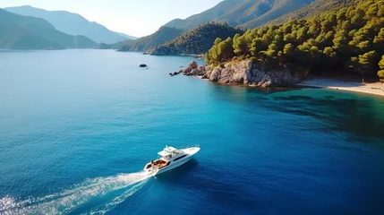 Zelfklevend Fotobehang Aerial view of speed boat on blue sea at sunset in summer. Motorboat on sea bay, rocks in clear turquoise water. Tropical landscape with yacht, stones. Top view from drone. Travel in Oludeniz, Turkey © Muhammad