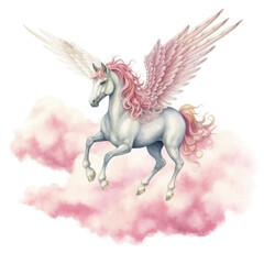 Pink Unicorn Above The Clouds Illustration, Generative Ai