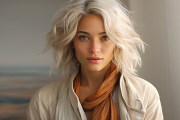 Woman with blonde hair wearing scarf. This versatile image can be used in various contexts and themes.