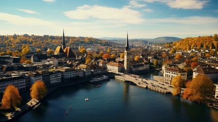 Aerophotography. View from a flying drone. Panoramic cityscape of Old Town Zurich, Switzerland. top...