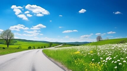 asphalt road panorama in countryside on sunny spring day.. Route in beautiful nature landscape with sun, blue sky, green grass and dandelions