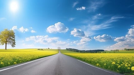 asphalt road panorama in countryside on sunny spring day.. Route in beautiful nature landscape with sun, blue sky, green grass and dandelions