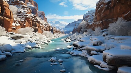 The tranquil flow of a river weaves through a snowy canyon landscape, flanked by frosted cliffs and...