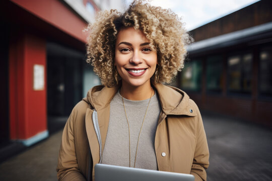 Picture of woman with curly hair holding laptop. This image can be used to represent technology, online communication, or remote work.