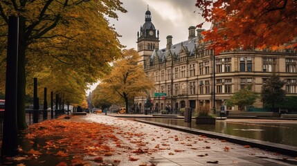 Autumn in the city. Park Square in Leeds city centre, West Yorkshire, United Kingdom.