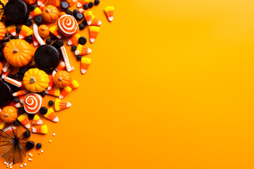 Halloween background with candy canes and pumpkins on orange background