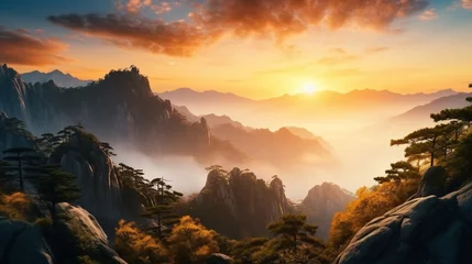 Küchenrückwand glas motiv Huang Shan Beautiful Huangshan mountains landscape at sunrise in China.