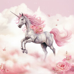 Obraz na płótnie Canvas Pink Unicorn Above The Clouds Illustration, Generative Ai