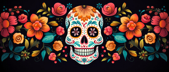 Mexican Day of the Dead skull with floral ornament. - obrazy, fototapety, plakaty