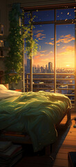 A cosy small bedroom with sunset shining through the window in the evening
