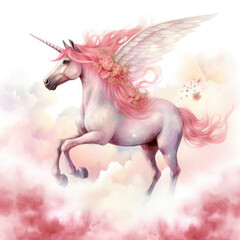 Fototapeta premium Pink Unicorn Above The Clouds Illustration, Generative Ai
